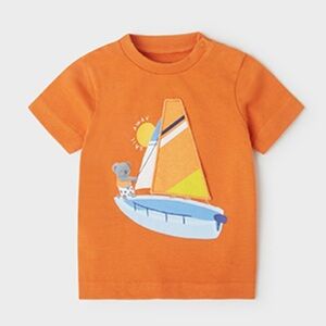 Mayoral Bright Orange Tee with Sailboat and Bear Graphic
